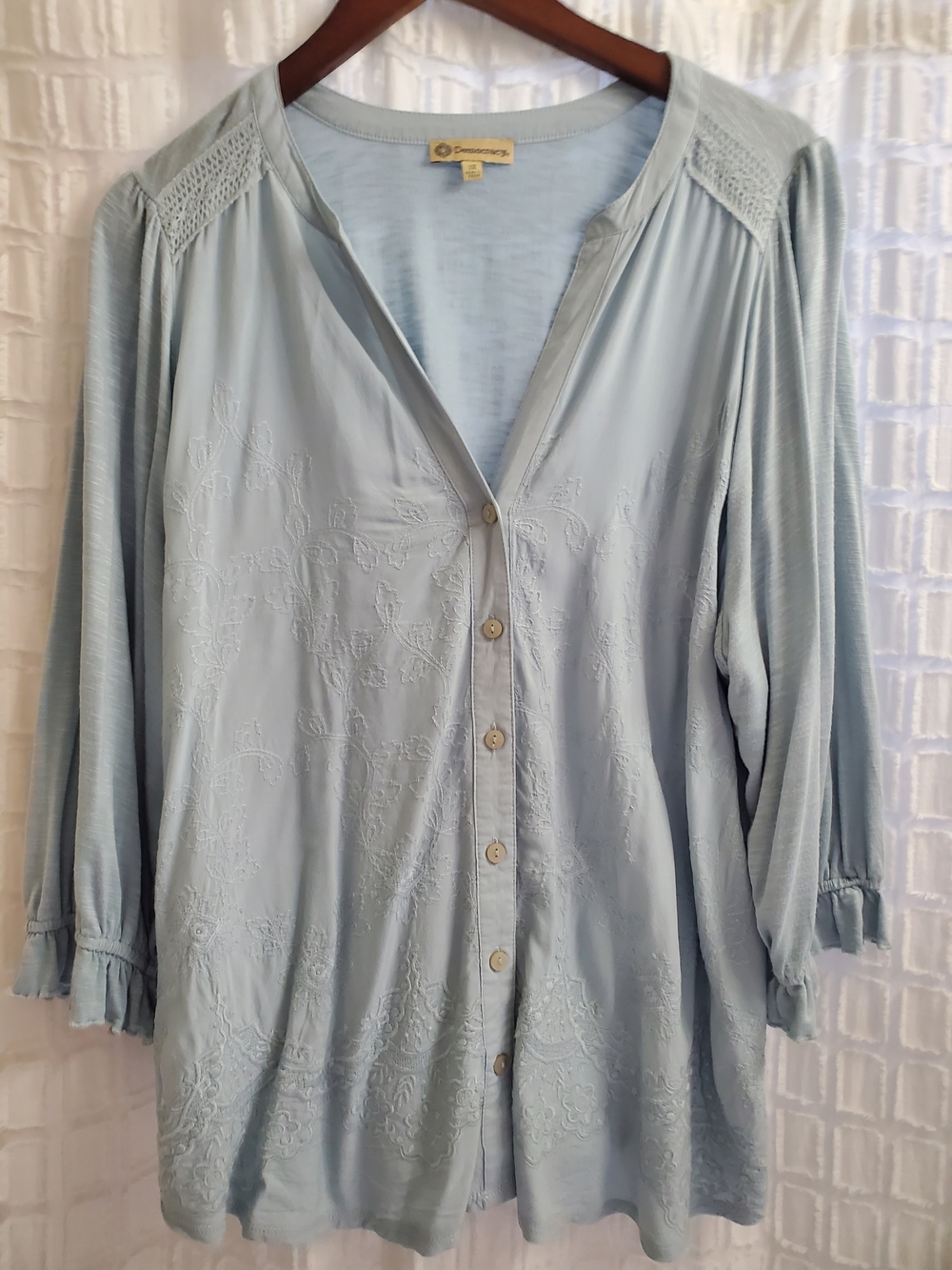 Democracy Pale Blue Embroidered Button-Front Tunic